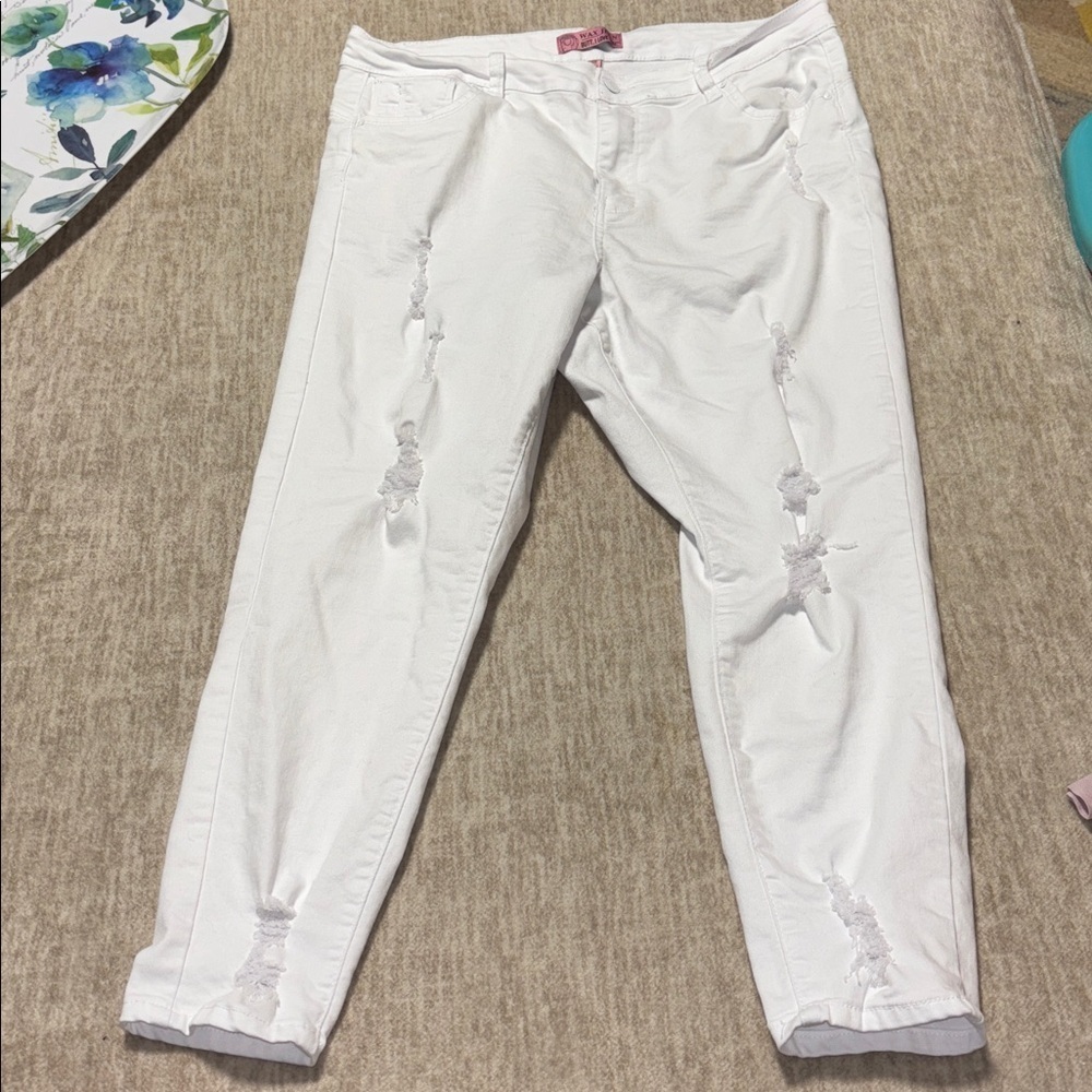 Sz 18 white stretch jeans distressed skinny wax brand butt I love you
